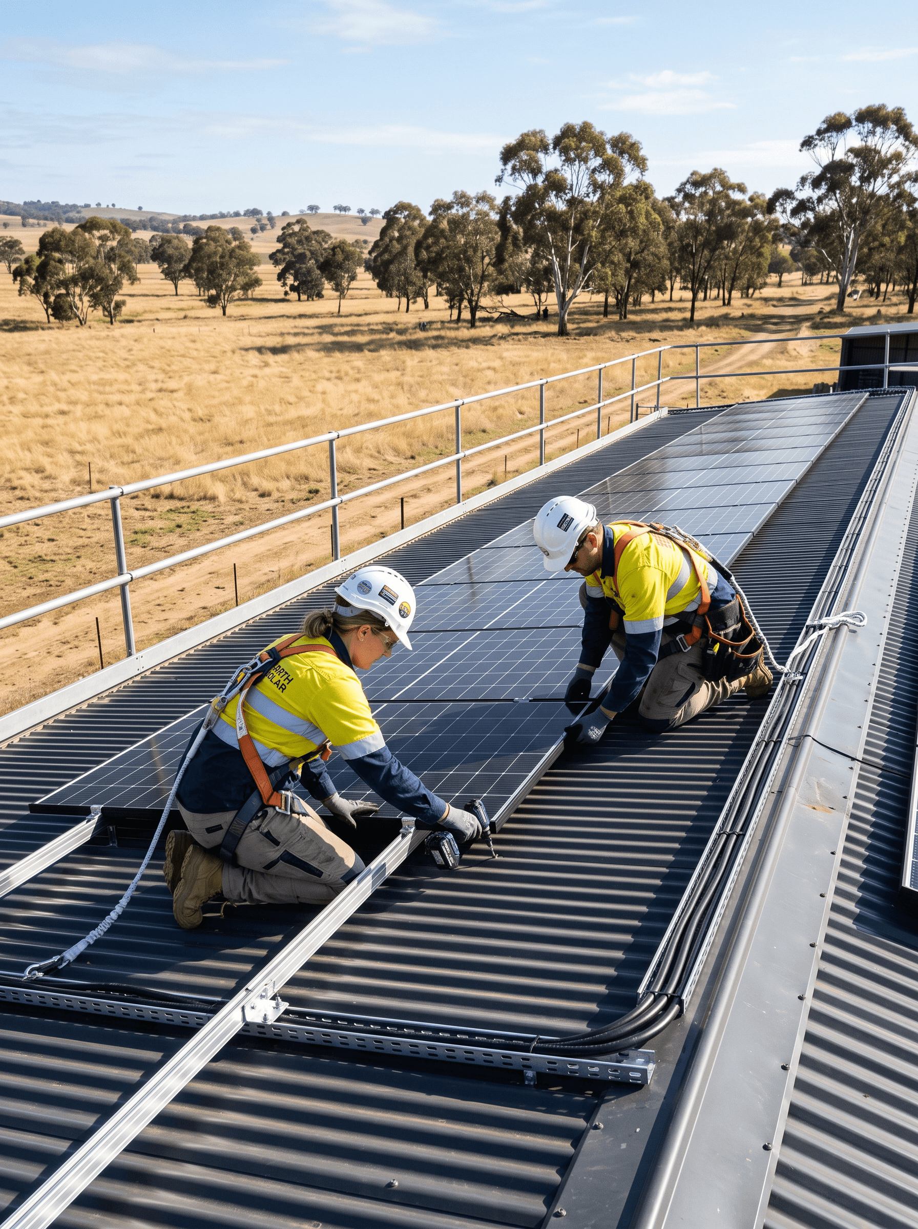 Two installers, harnessed and working behind an edge rail, fitting solar panels to a shed roof on a rural property