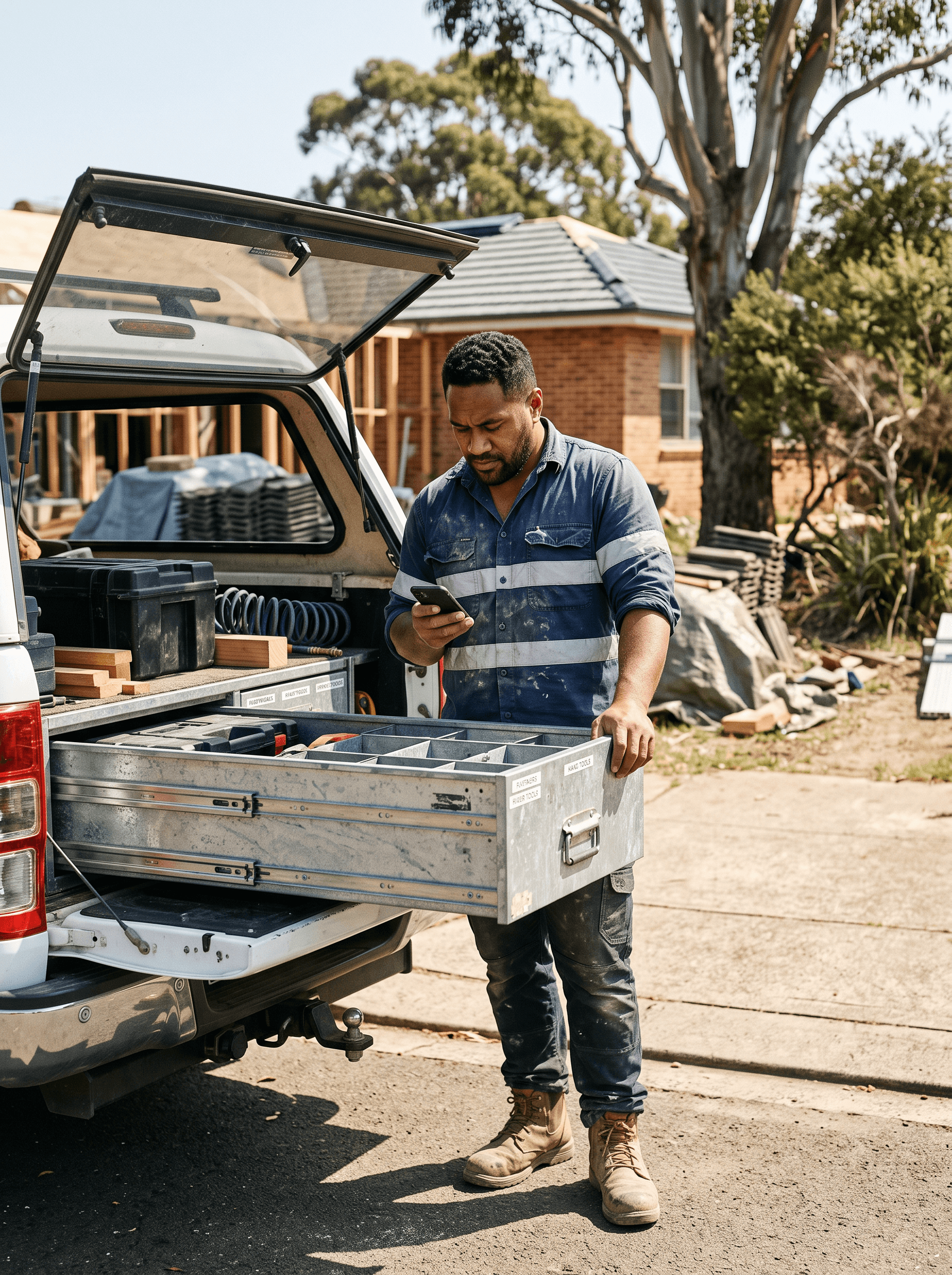A tradesperson in hi-vis at the back of his ute, checking his phone between jobs